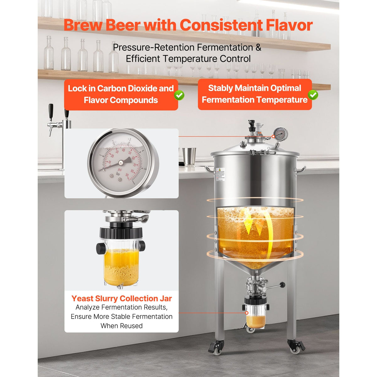 Pressure Fermenter 15 PSI, 16 Gal/60L All-in-One Stainless Steel Conical Secondary Fermentation Bucket, with Cooling Tube, Yeast Slurry Collection Bottle, for Wine, Beer Brewing Equipment