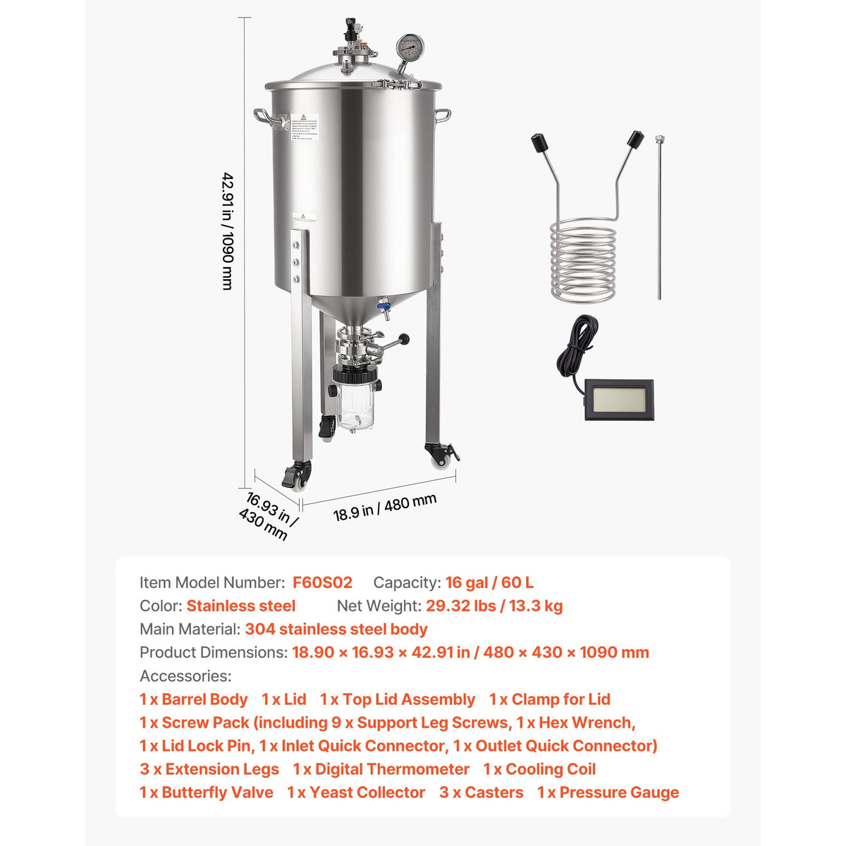 Pressure Fermenter 15 PSI, 16 Gal/60L All-in-One Stainless Steel Conical Secondary Fermentation Bucket, with Cooling Tube, Yeast Slurry Collection Bottle, for Wine, Beer Brewing Equipment