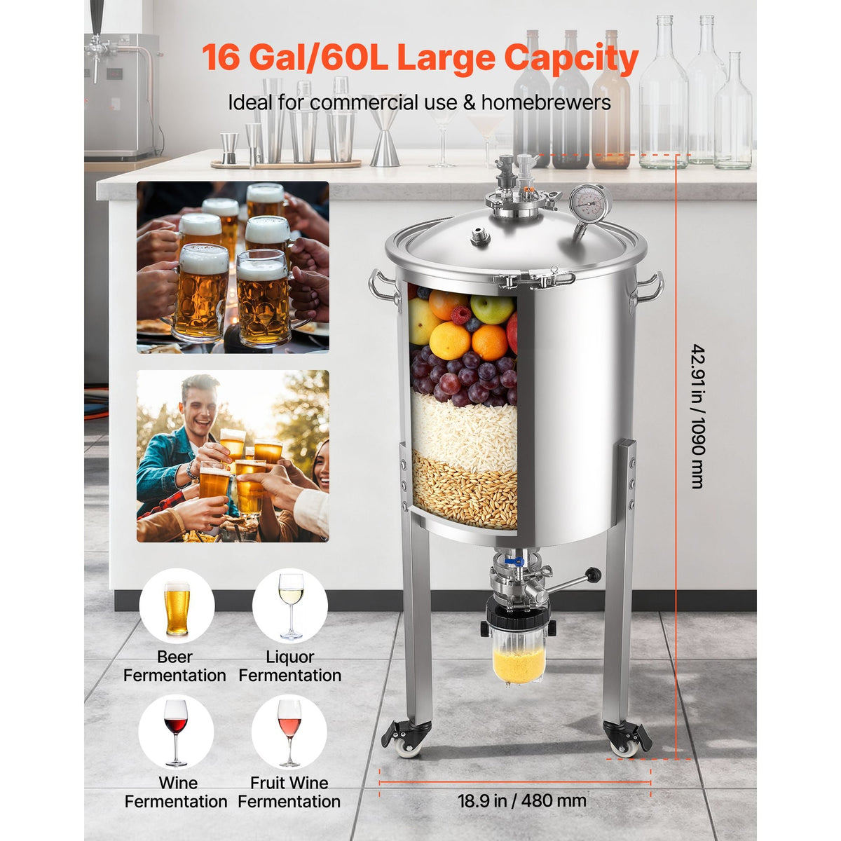 Pressure Fermenter 15 PSI, 16 Gal/60L All-in-One Stainless Steel Conical Secondary Fermentation Bucket, with Cooling Tube, Yeast Slurry Collection Bottle, for Wine, Beer Brewing Equipment