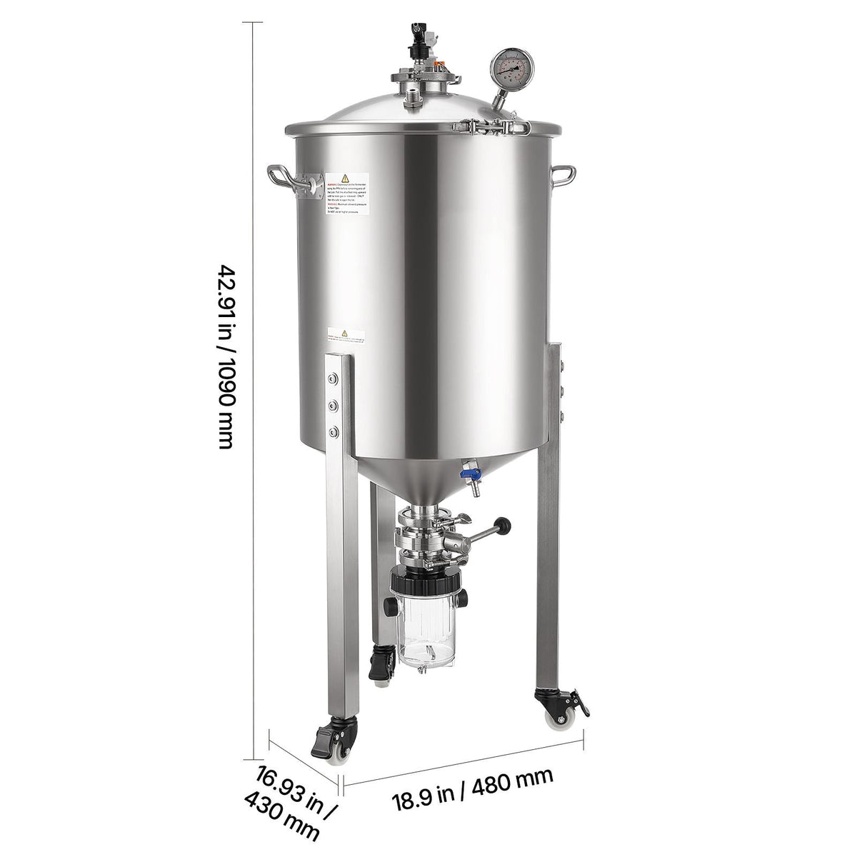 Pressure Fermenter 15 PSI, 16 Gal/60L All-in-One Stainless Steel Conical Secondary Fermentation Bucket, with Cooling Tube, Yeast Slurry Collection Bottle, for Wine, Beer Brewing Equipment