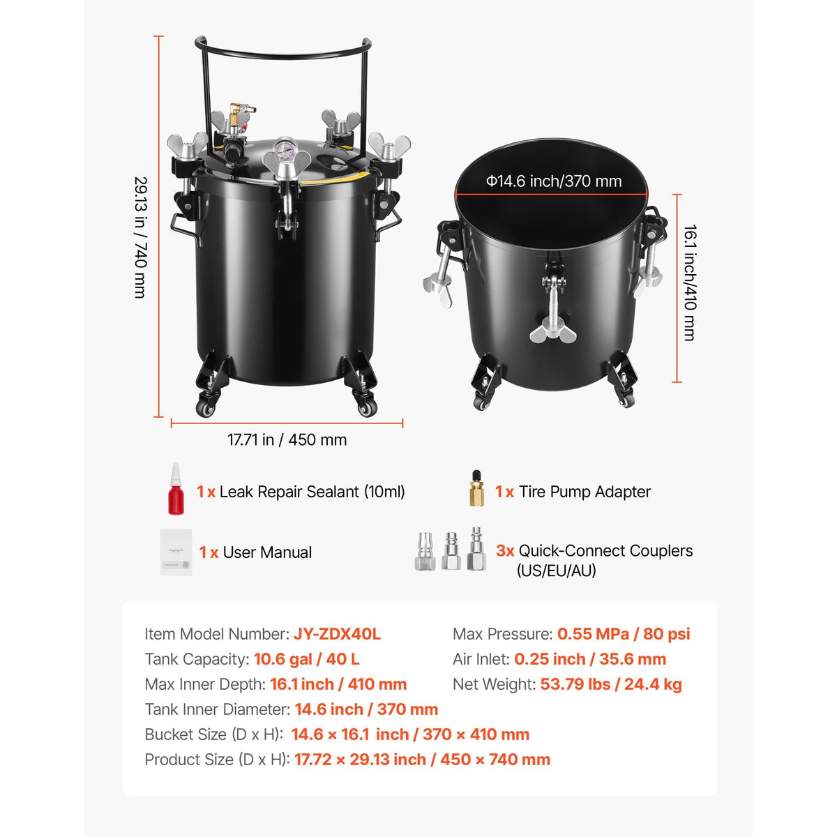 Pressure Pot Paint Tank, 10.6 Gal/40 L Heavy Duty Steel Air Tool Pressure Pot, Spray Paint Pressures Pots with Three Quick-Connect Couplers for Home Use, DIY, Art Creations, Large-Diameter Tank