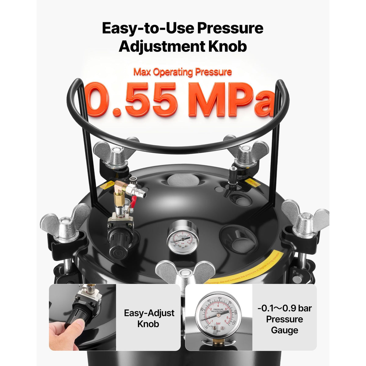 Pressure Pot Paint Tank, 10.6 Gal/40 L Heavy Duty Steel Air Tool Pressure Pot, Spray Paint Pressures Pots with Three Quick-Connect Couplers for Home Use, DIY, Art Creations, Large-Diameter Tank