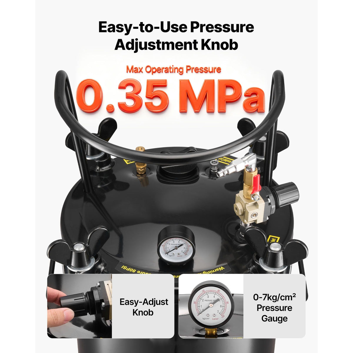 Pressure Pot Paint Tank, 5.3 Gal/20 L Heavy Duty Steel Air Tool Pressure Pot, Spray Paint Pressures Pots with Three Quick-Connect Couplers for Home Use, DIY, Art Creations, Large-Diameter Tank