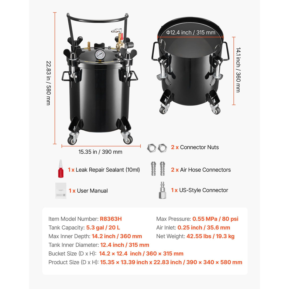 Pressure Pot Paint Tank, 5.3 Gal/20 L Heavy Duty Steel Air Tool Pressure Pot, Spray Paint Pressures Pots with Three Quick-Connect Couplers for Home Use, DIY, Art Creations, Large-Diameter Tank