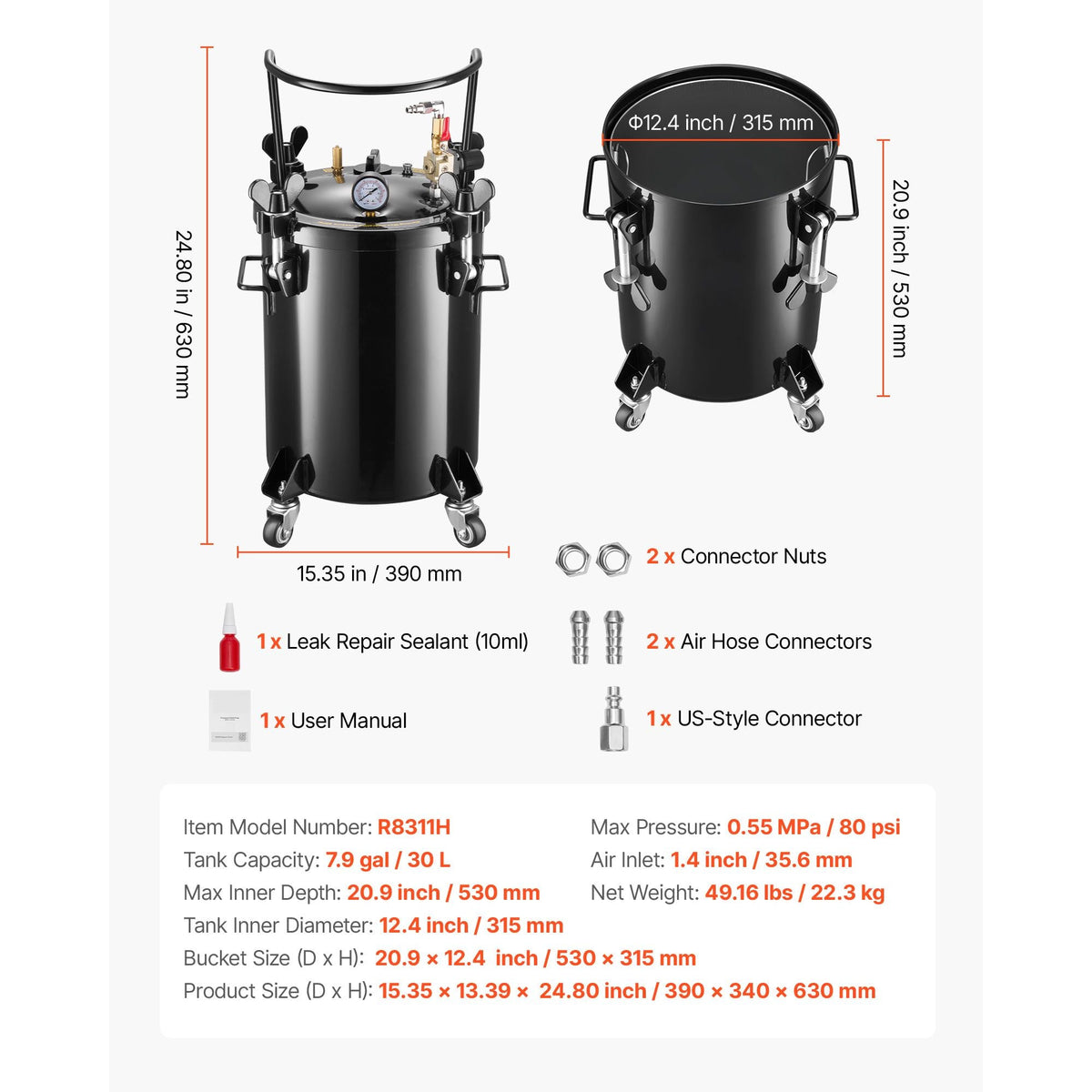 Pressure Pot Paint Tank, 7.9 Gal/30 L Heavy Duty Steel Air Tool Pressure Pot, Spray Paint Pressures Pots with Three Quick-Connect Couplers for Home Use, DIY, Art Creations, Large-Diameter Tank