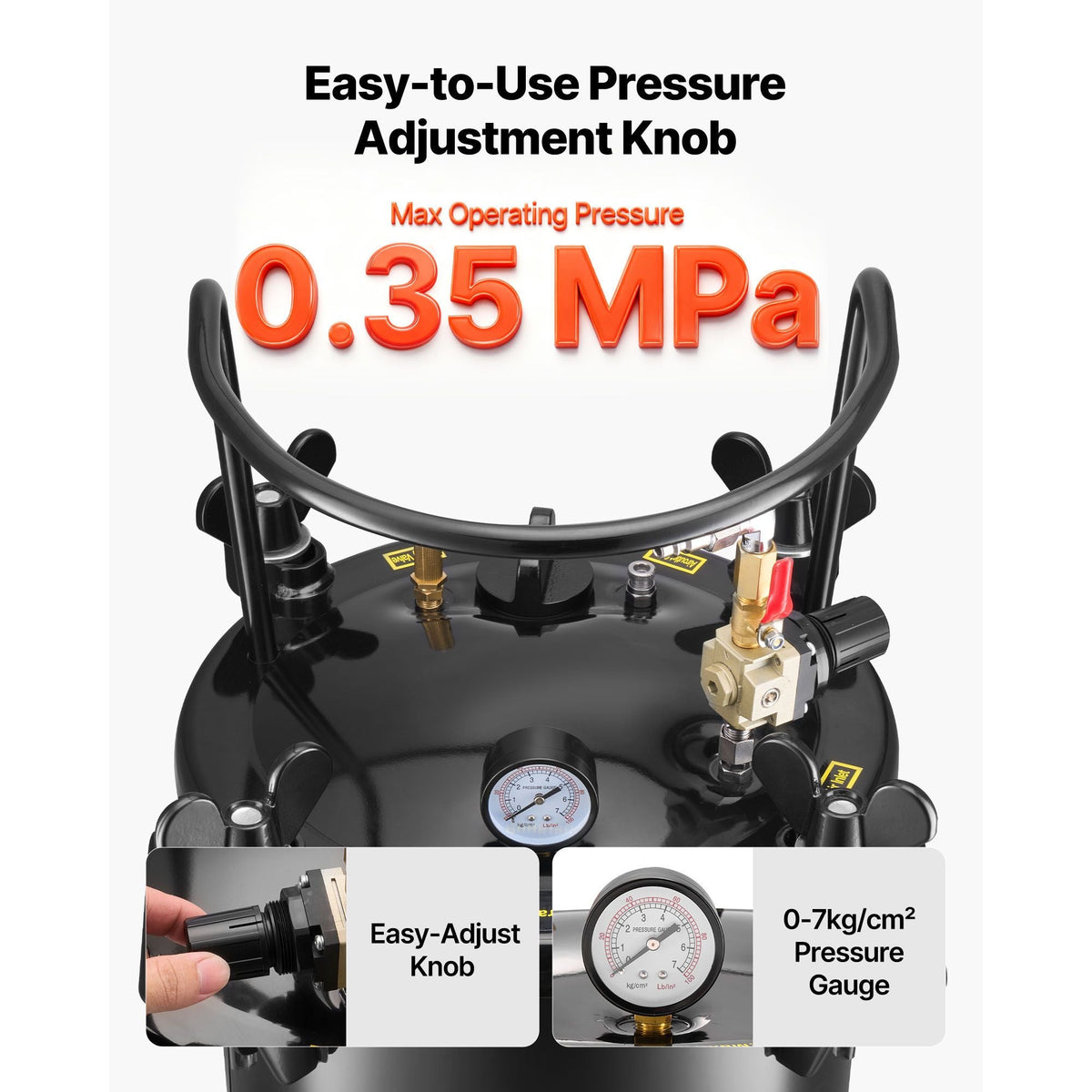 Pressure Pot Paint Tank, 7.9 Gal/30 L Heavy Duty Steel Air Tool Pressure Pot, Spray Paint Pressures Pots with Three Quick-Connect Couplers for Home Use, DIY, Art Creations, Large-Diameter Tank