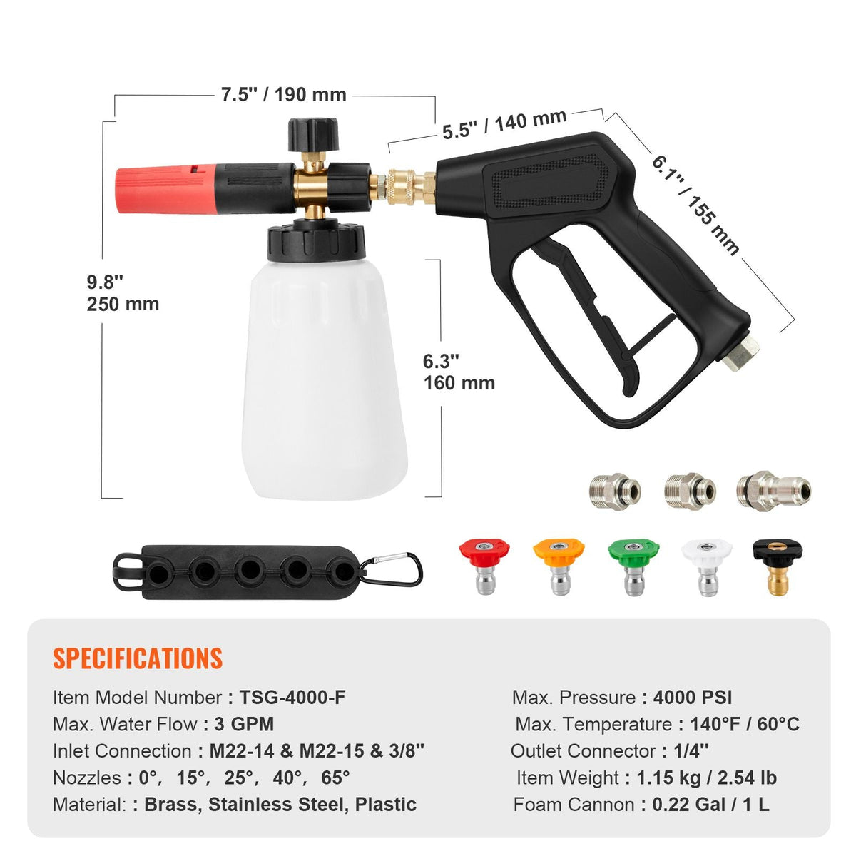 Pressure Washer Gun Set, 0.22 Gal Foam Cannon, 4000 PSI Washer Spay Gun with 1/4 Inch Quick Connector & 5 Nozzle Tips, Pressure Washer Handle with M22-14 mm & M22-15mm & 3/8'' Inlet Connector