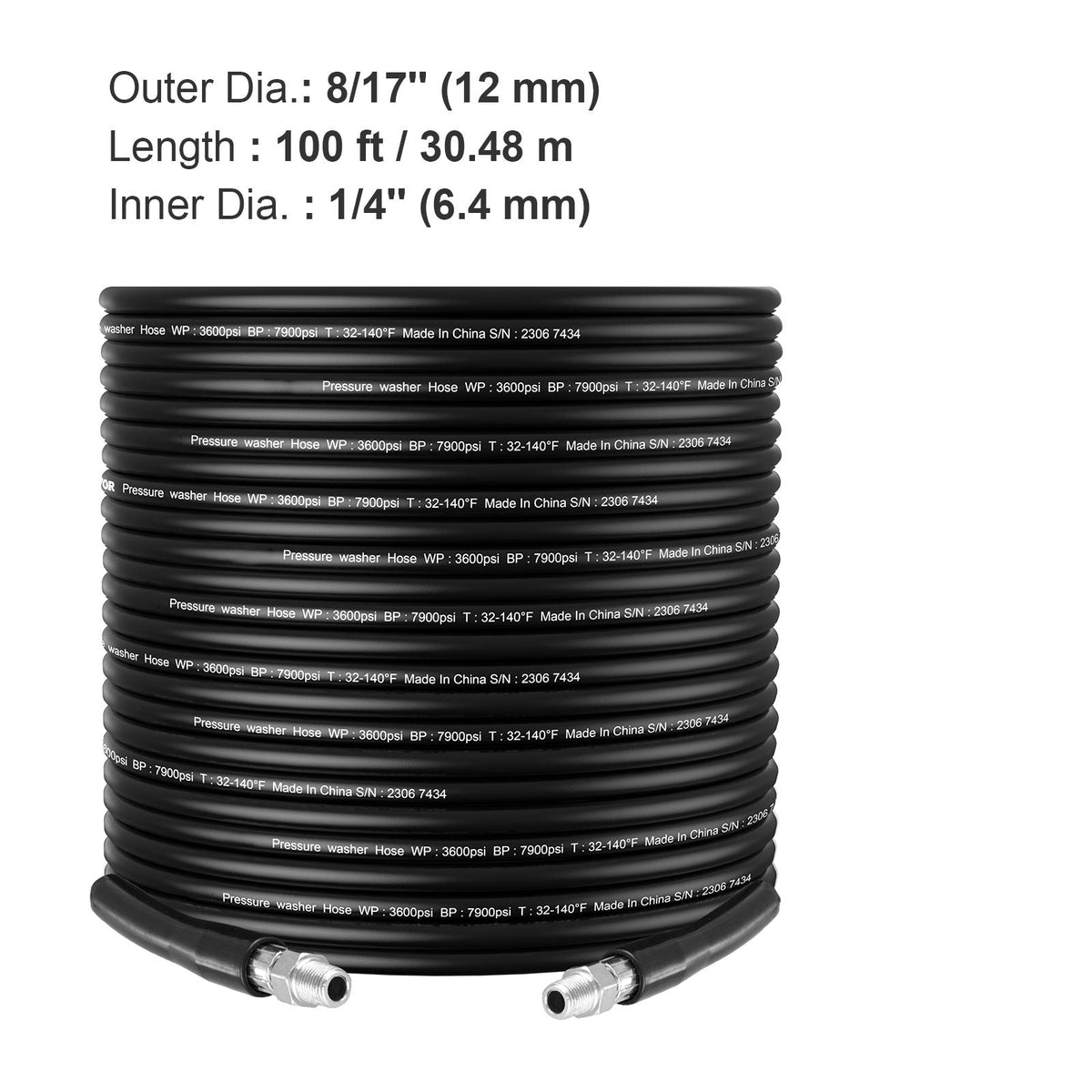 Pressure Washer Hose, 100FT, 1/4" Kink Free Brass Thread Replacement For Most Brand Pressure Washers, 3/4'' Bending Radius, 4200 PSI Heavy Duty Power Washer Extension Spray Nozzle