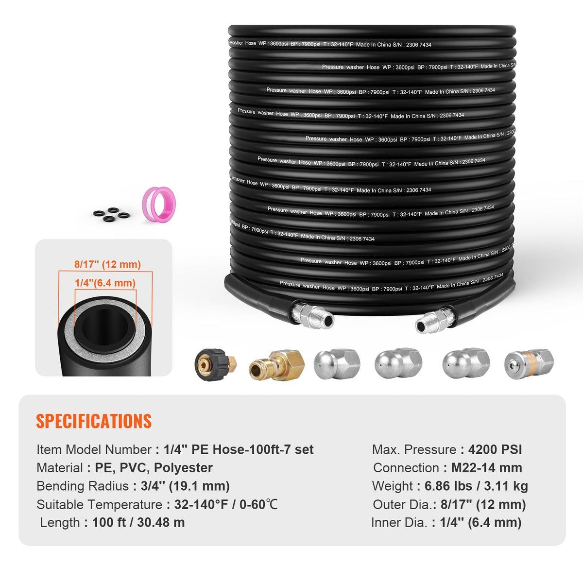 Pressure Washer Hose, 100FT, 1/4" Kink Free Brass Thread Replacement For Most Brand Pressure Washers, 3/4'' Bending Radius, 4200 PSI Heavy Duty Power Washer Extension Spray Nozzle
