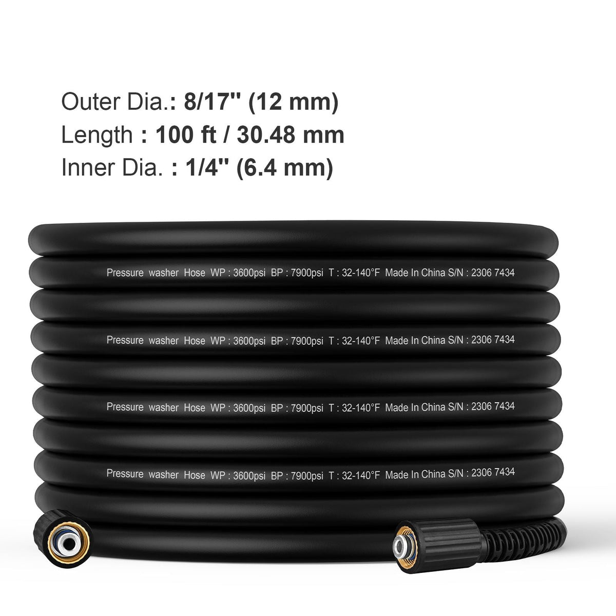 Pressure Washer Hose, 100FT, 1/4" Kink Free M22-14mm Brass Thread Replacement For Most Brand Pressure Washers, 3/4'' Bending Radius, 4200 PSI Heavy Duty Power Washer Extension Replacement Hose