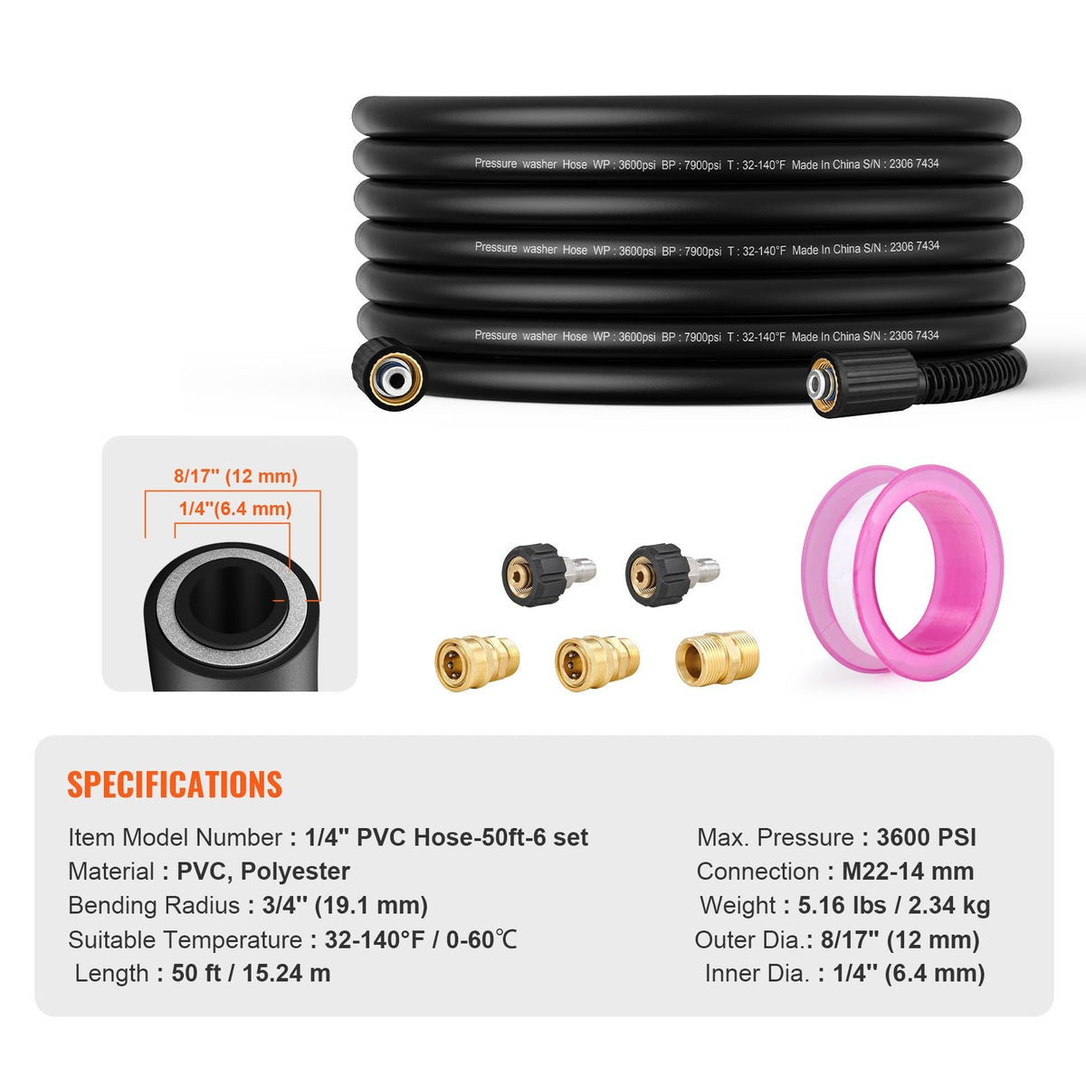 Pressure Washer Hose, 50 FT, 1/4" Kink Free M22-14mm Brass Thread Replacement For Most Brand Pressure Washers, 3/4'' Bending Radius, 3600 PSI Heavy Duty Power Washer Extension Replacement Hose