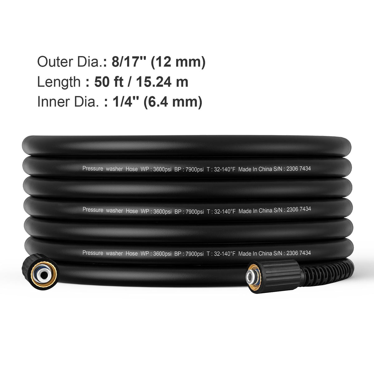 Pressure Washer Hose, 50 FT, 1/4" Kink Free M22-14mm Brass Thread Replacement For Most Brand Pressure Washers, 3/4'' Bending Radius, 3600 PSI Heavy Duty Power Washer Extension Replacement Hose