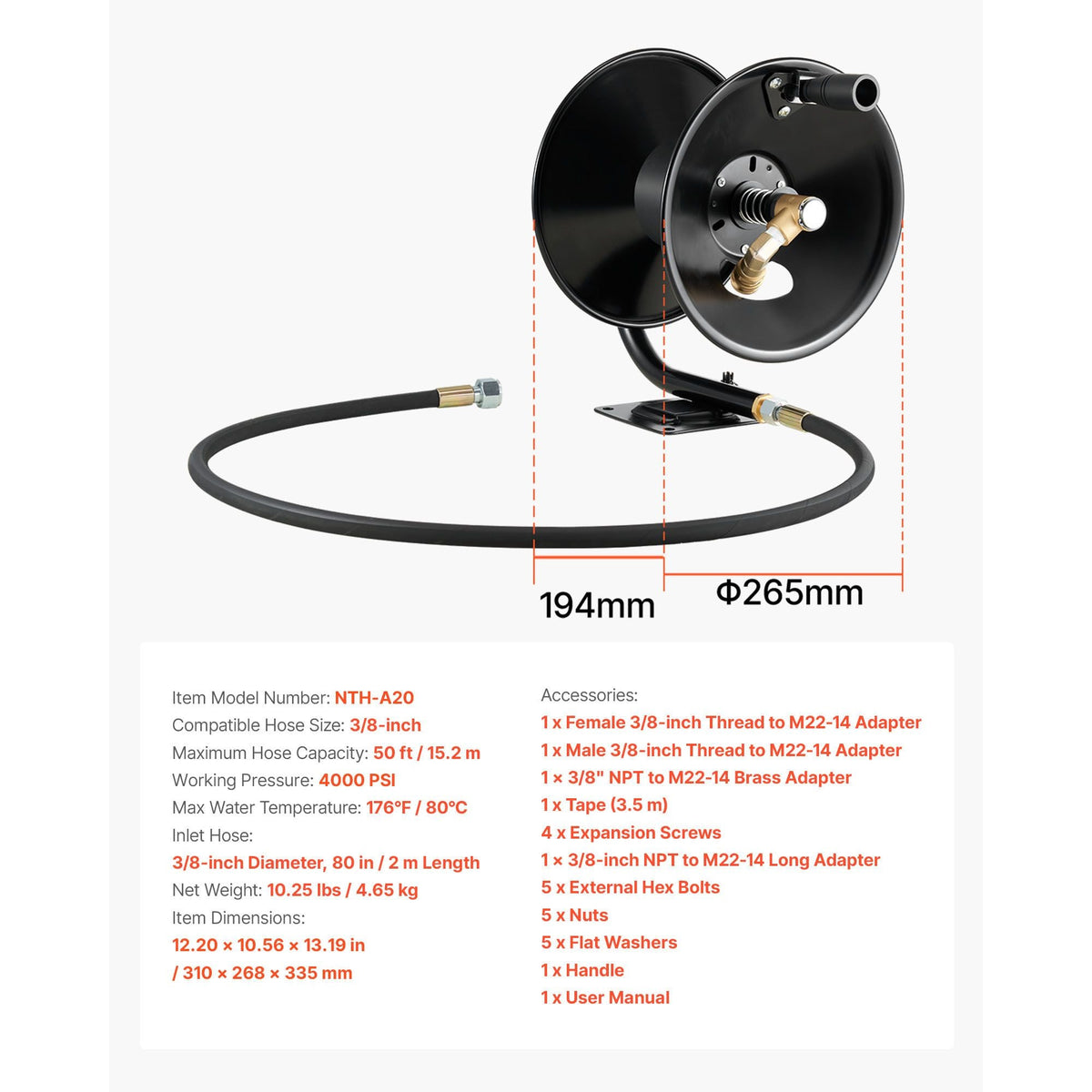 Pressure Washer Hose Reel, 50 ft x 3/8 inch Heavy-Duty Steel Bracket-Mounted Pressure Hose Reel, Wall/Floor/Truck Mount, 4000PSI Max, Manual Power Hand Crank for Car/Floor Washing,Garden