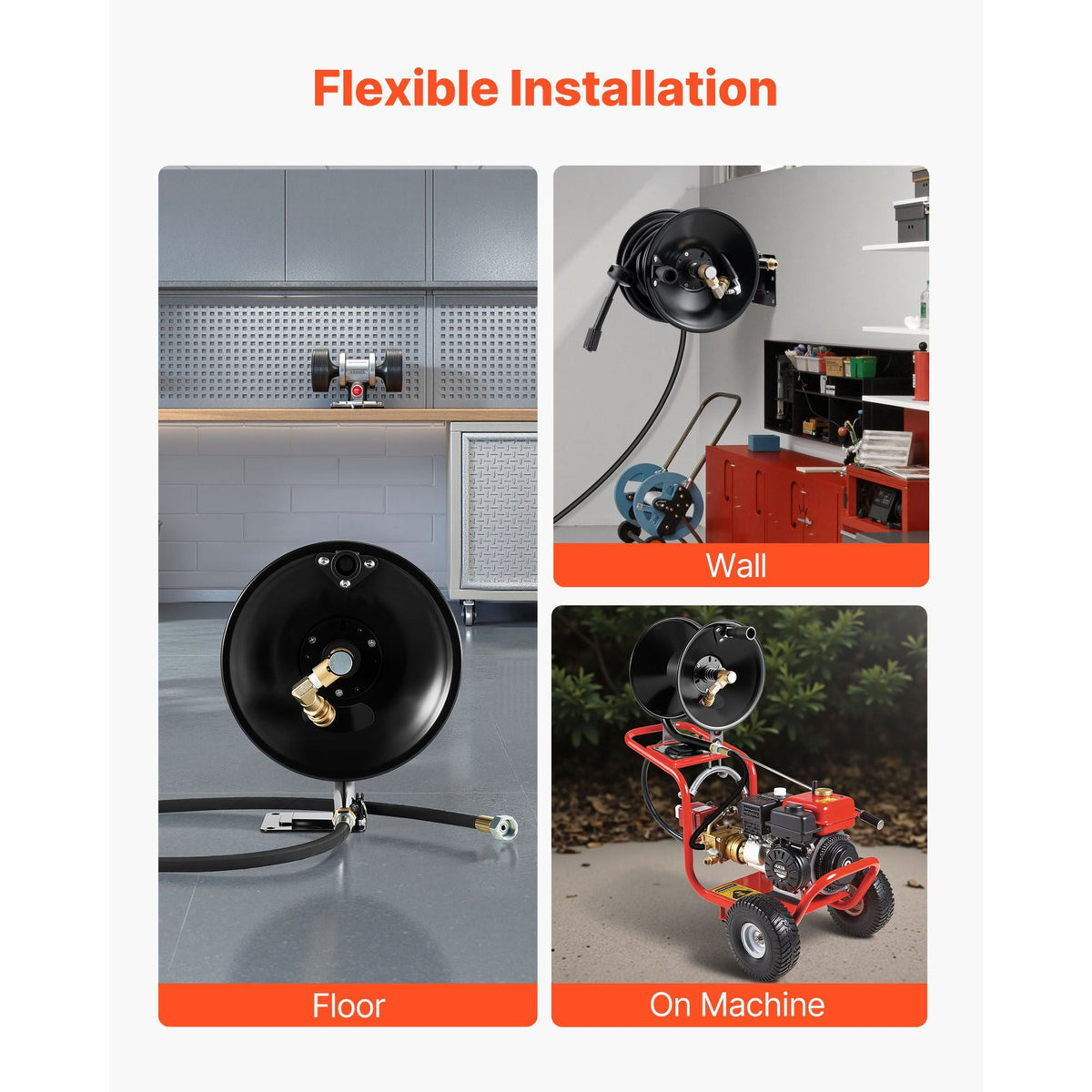 Pressure Washer Hose Reel, 50 ft x 3/8 inch Heavy-Duty Steel Bracket-Mounted Pressure Hose Reel, Wall/Floor/Truck Mount, 4000PSI Max, Manual Power Hand Crank for Car/Floor Washing,Garden