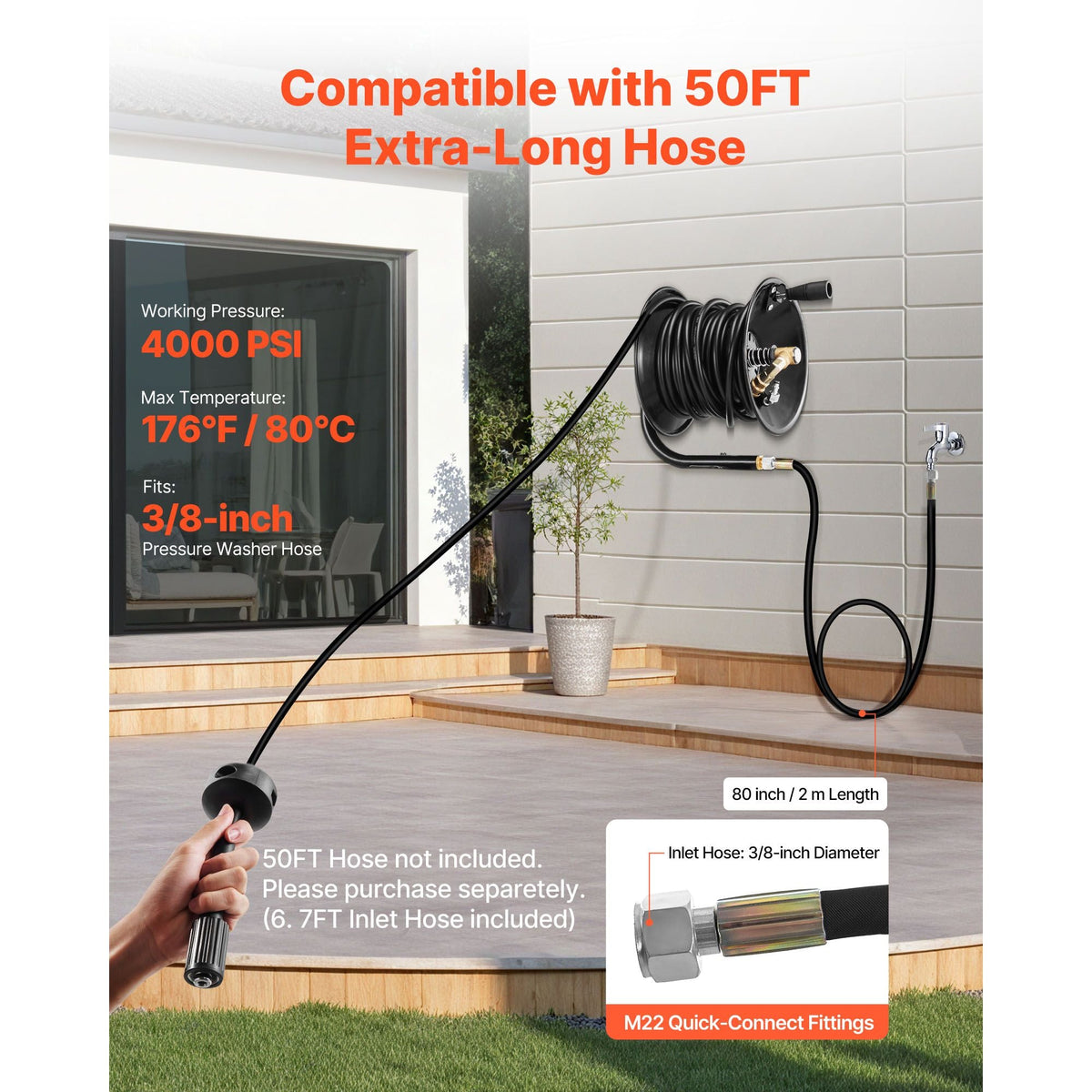 Pressure Washer Hose Reel, 50 ft x 3/8 inch Heavy-Duty Steel Bracket-Mounted Pressure Hose Reel, Wall/Floor/Truck Mount, 4000PSI Max, Manual Power Hand Crank for Car/Floor Washing,Garden