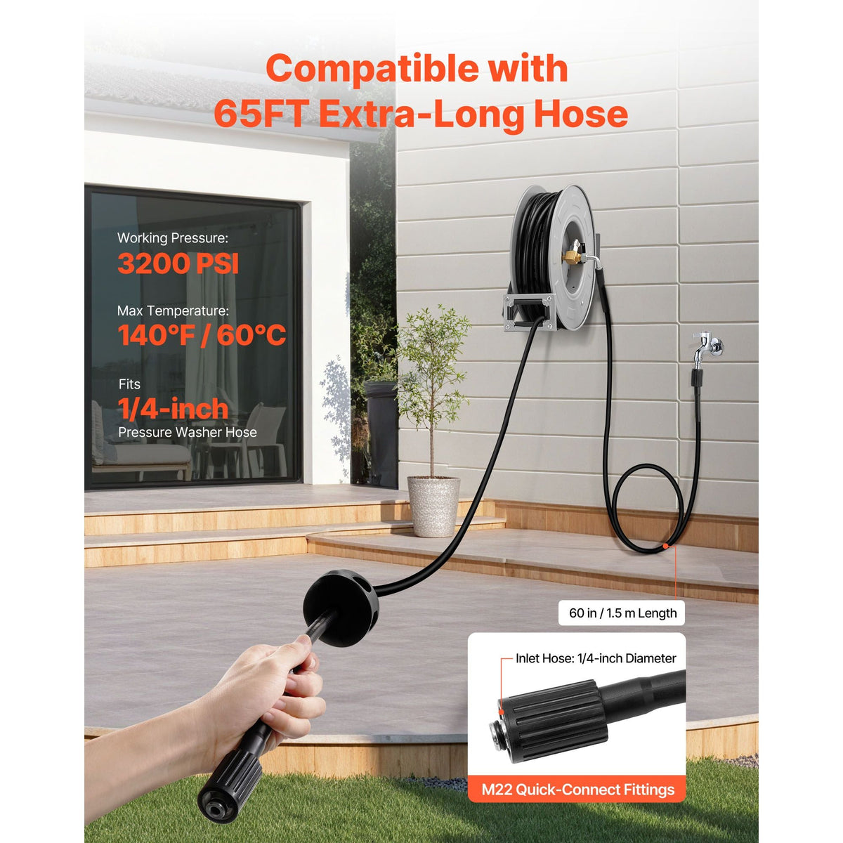 Pressure Washer Hose Reel, 65 ft x 1/4 inch Retractable Power Heavy-Duty Steel Washer Hose Reel, 3200PSI Max, Auto-Rewinding, Flexible Wall/Floor Mounted for Car Washing,Garden,Floor Cleaning