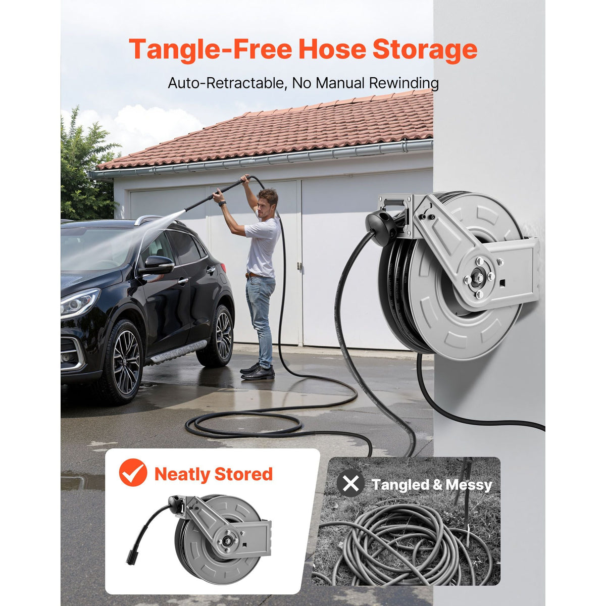 Pressure Washer Hose Reel, 65 ft x 1/4 inch Retractable Power Heavy-Duty Steel Washer Hose Reel, 3200PSI Max, Auto-Rewinding, Flexible Wall/Floor Mounted for Car Washing,Garden,Floor Cleaning
