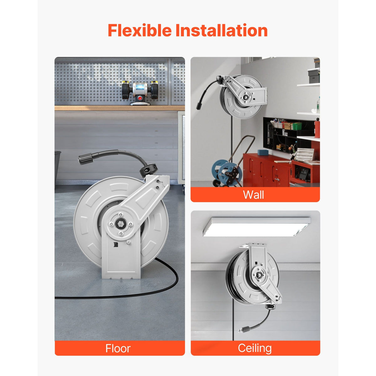 Pressure Washer Hose Reel, 65 ft x 1/4 inch Retractable Power Heavy-Duty Steel Washer Hose Reel, 3200PSI Max, Auto-Rewinding, Flexible Wall/Floor Mounted for Car Washing,Garden,Floor Cleaning