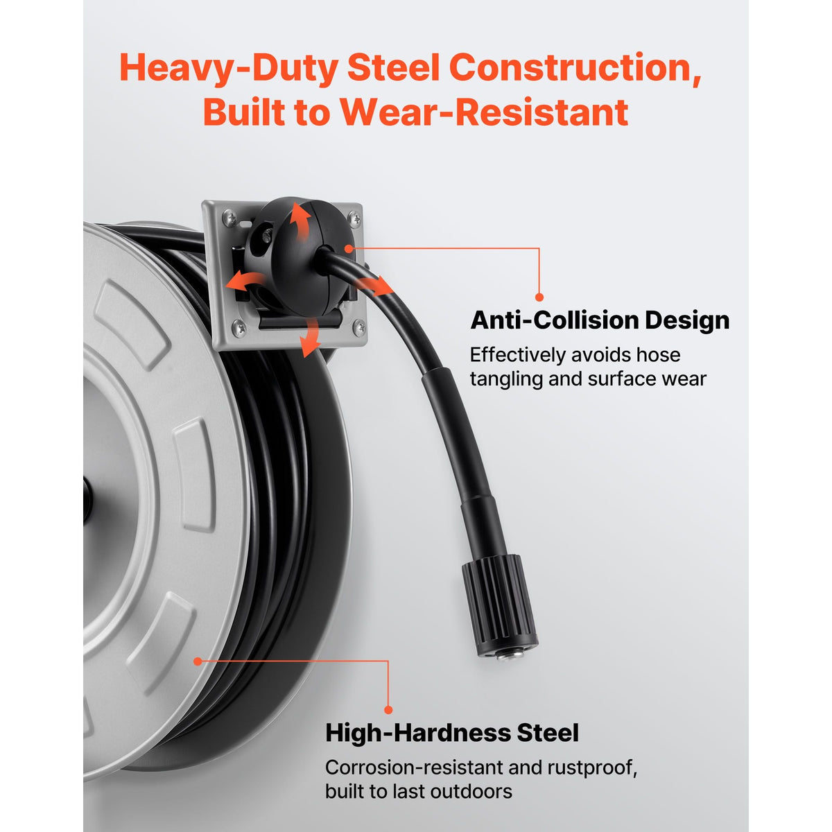 Pressure Washer Hose Reel, 65 ft x 1/4 inch Retractable Power Heavy-Duty Steel Washer Hose Reel, 3200PSI Max, Auto-Rewinding, Flexible Wall/Floor Mounted for Car Washing,Garden,Floor Cleaning