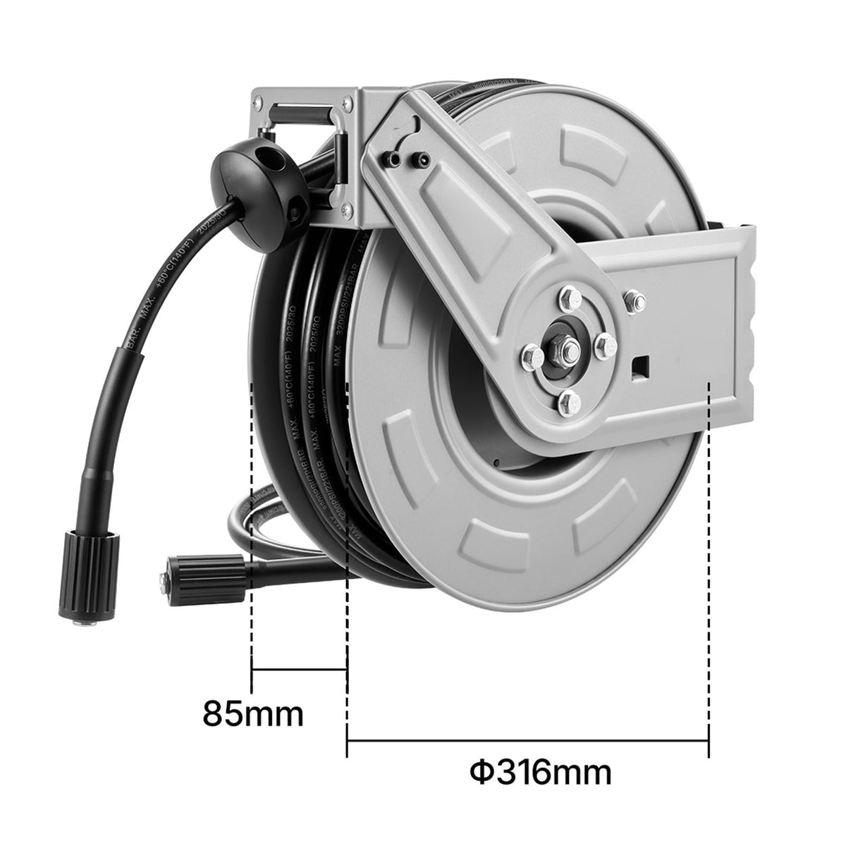 Pressure Washer Hose Reel, 65 ft x 1/4 inch Retractable Power Heavy-Duty Steel Washer Hose Reel, 3200PSI Max, Auto-Rewinding, Flexible Wall/Floor Mounted for Car Washing,Garden,Floor Cleaning