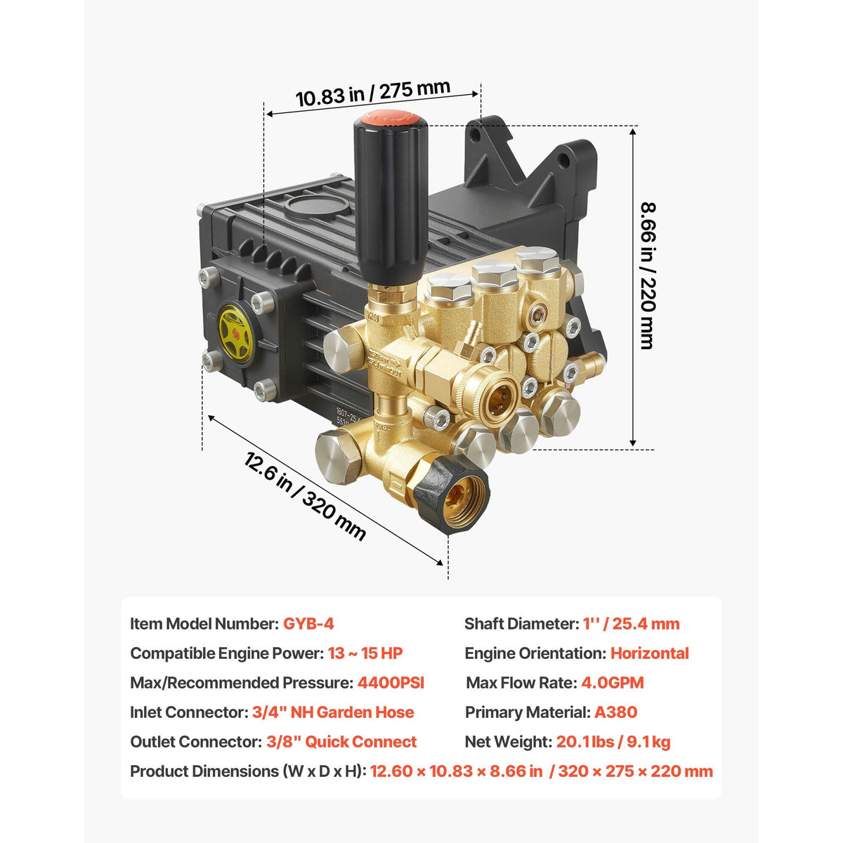 Pressure Washer Pump, 1" Shaft Horizontal Triplex Plunger, 3600 PSI, 3.7 GPM, Replacement Power Washer Pumps Kit with Siphon Tube, Hardware, Compatible with Simpson MorFlex 40224, 40225, 40226