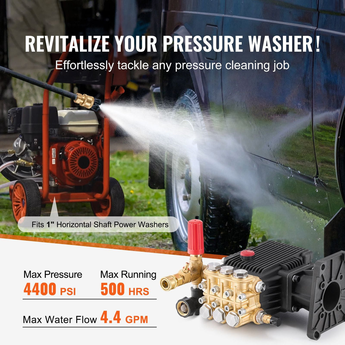 Pressure Washer Pump, 1" Shaft Horizontal Triplex Plunger, 4400 PSI, 4.4GPM, Replacement Power Washer Pumps Kit with 5 Nozzles, Compatible with Simpson MorFlex 40224, 40225, 40226, Santoprene