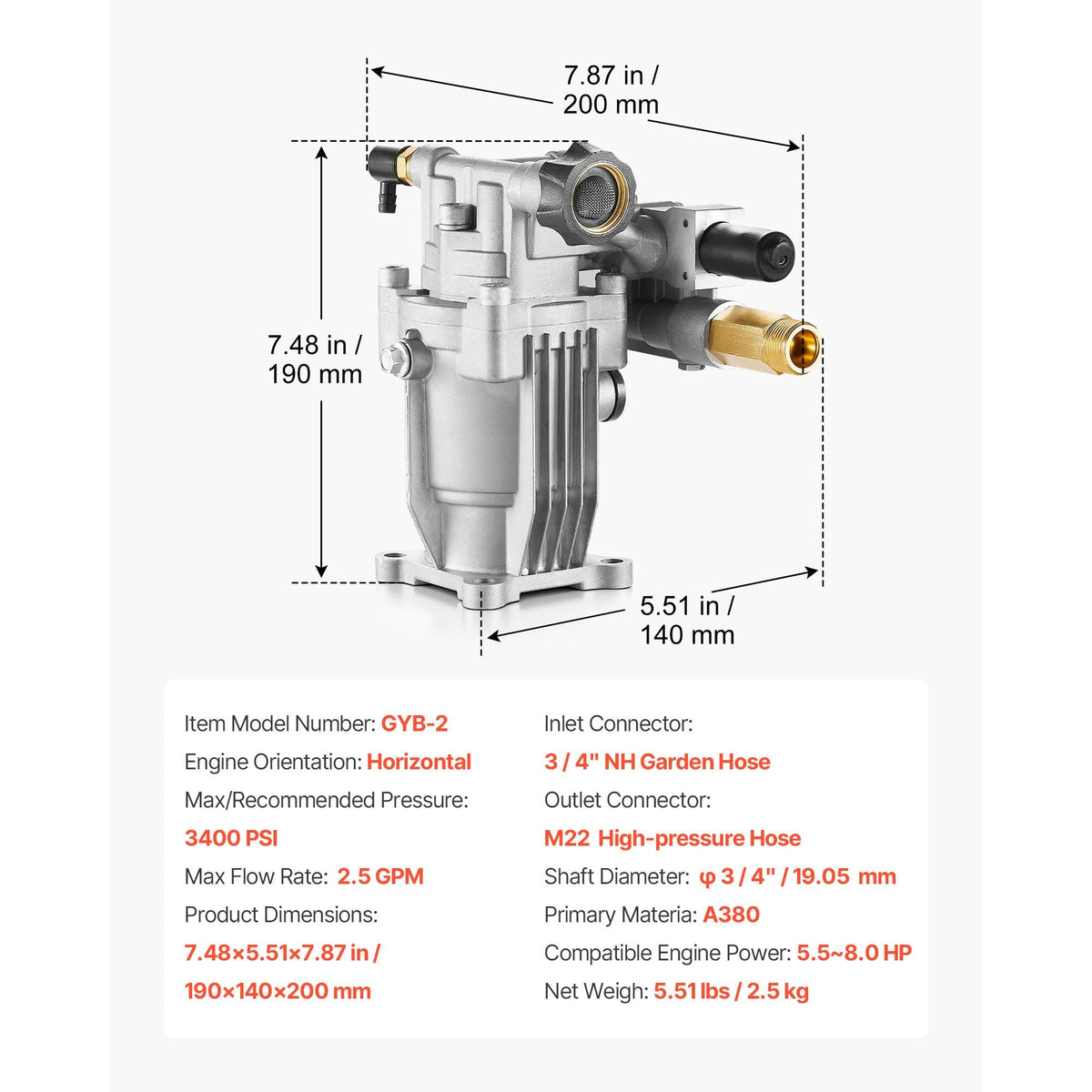 Pressure Washer Pump, 3/4" Shaft Horizontal, 3100 PSI, 2.35 GPM, Replacement Power Washer Pumps Kit with Hardware and Siphon Tube, Compatible with Simpson, Honda, Troy-Bilt, Generac and Delta
