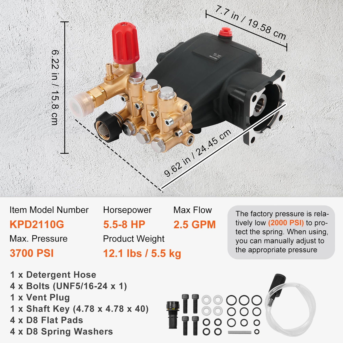 Pressure Washer Pump, 3/4" Shaft Horizontal Triplex Plunger, 3700 PSI, 2.5 GPM, Replacement Power Washer Pumps Kit, Parts Washer Pump, Compatible with Simpson MorFlex Models 40224, 40225, 40226
