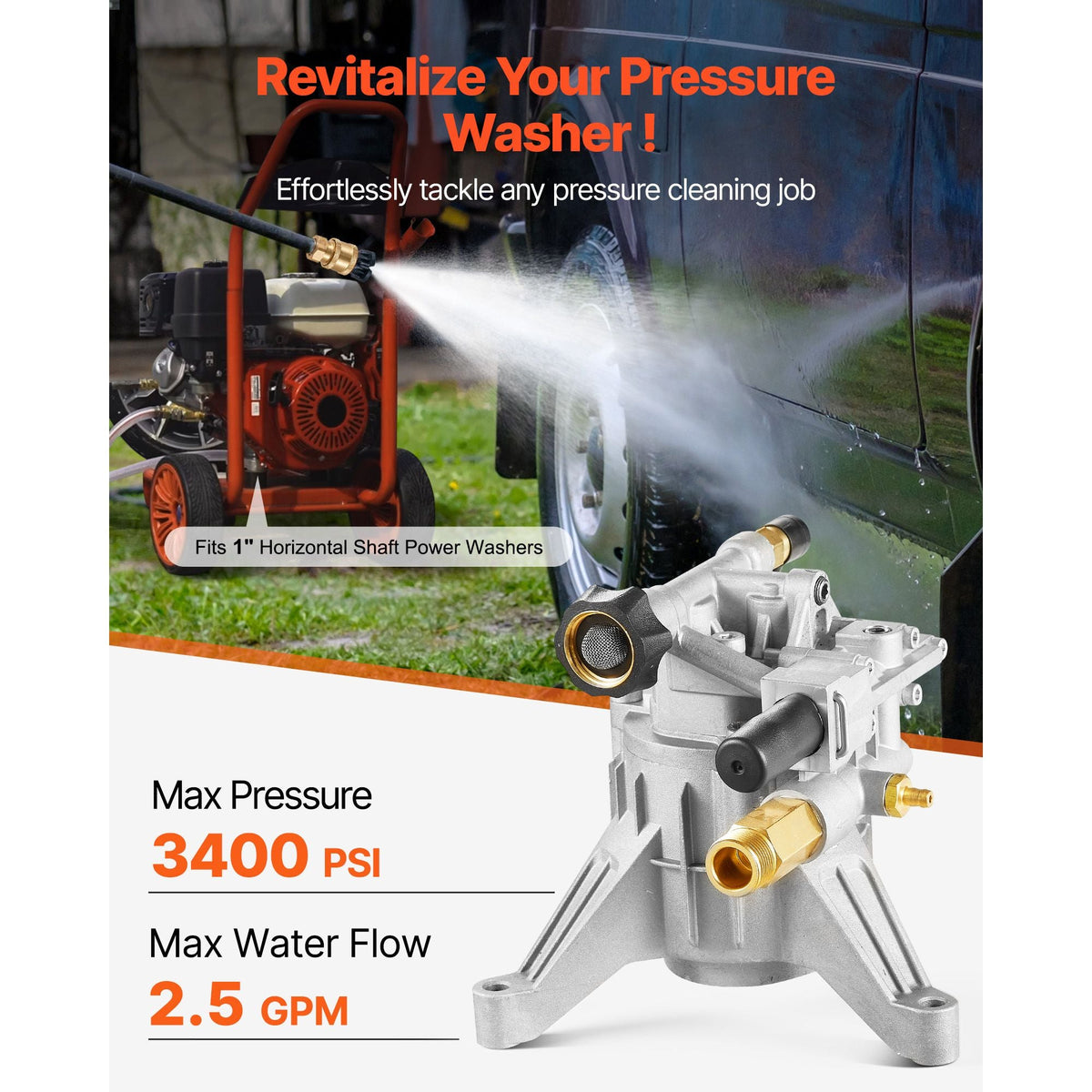 Pressure Washer Pump, 7/8" Shaft Vertical, 2400 PSI, 2.5 GPM, Replacement Power Washer Pumps Kit with Hardware and Siphon Tube, Compatible with RYOBI, Honda, PowerStroke, Briggs and Stratton