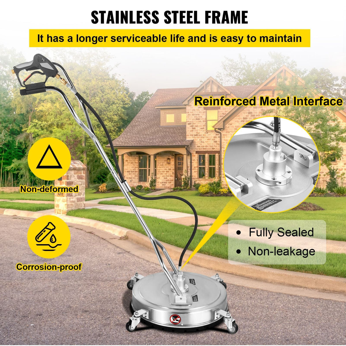 Pressure Washer Surface Cleaner, 20\'\', Max. 4000 PSI Pressure by 2 Nozzles for Cleaning Driveways, Sidewalks, Stainless Steel Frame with Rotating Dual Handle, Wheels, Fit for 3/8\'\' Quick Con