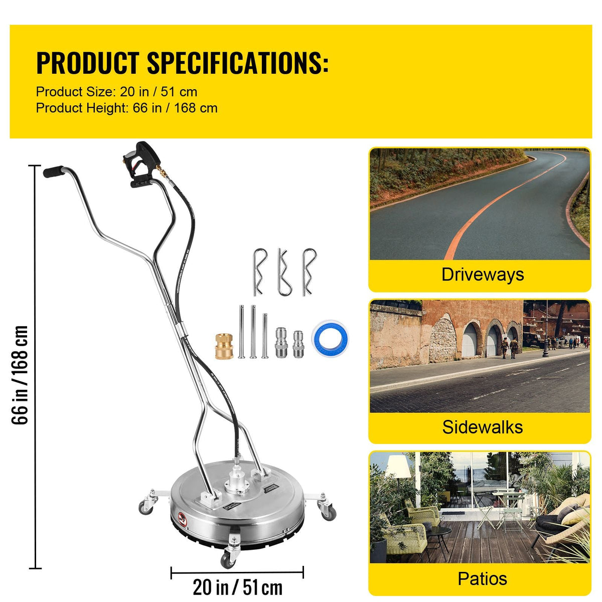 Pressure Washer Surface Cleaner, 20\'\', Max. 4000 PSI Pressure by 2 Nozzles for Cleaning Driveways, Sidewalks, Stainless Steel Frame with Rotating Dual Handle, Wheels, Fit for 3/8\'\' Quick Con