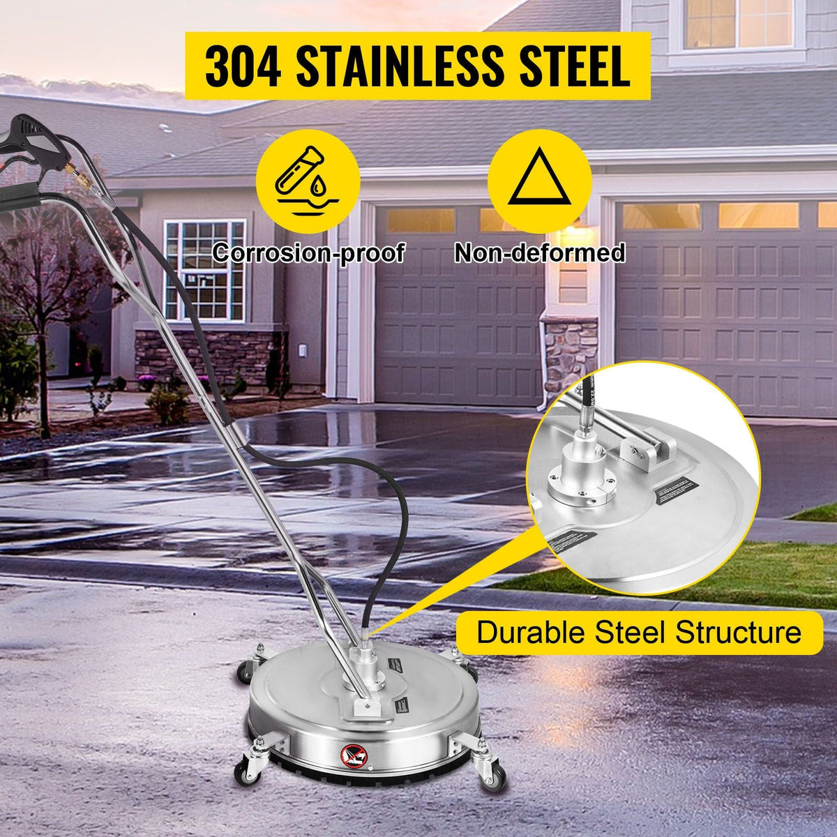 Pressure Washer Surface Cleaner, 21\'\', Max. 4000 PSI Pressure by 3 Nozzles for Cleaning Driveways, Sidewalks, Stainless Steel Frame with Rotating Dual Handle, Wheels, Fit for 3/8\'\' Quick Con