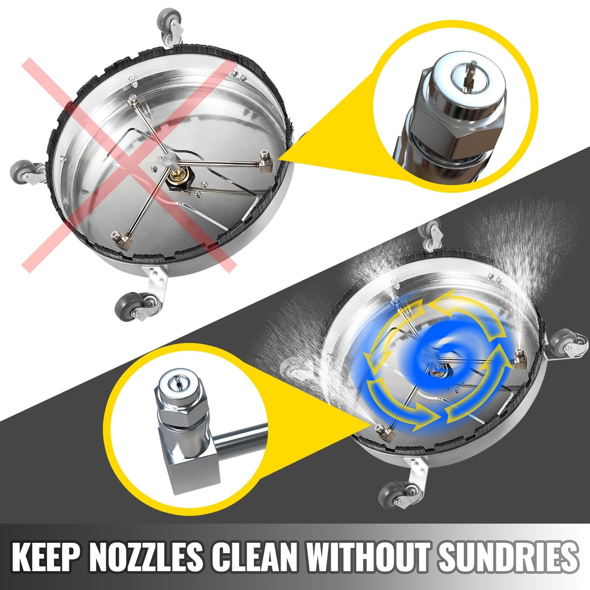Pressure Washer Surface Cleaner, 21\'\', Max. 4000 PSI Pressure by 3 Nozzles for Cleaning Driveways, Sidewalks, Stainless Steel Frame with Rotating Dual Handle, Wheels, Fit for 3/8\'\' Quick Con
