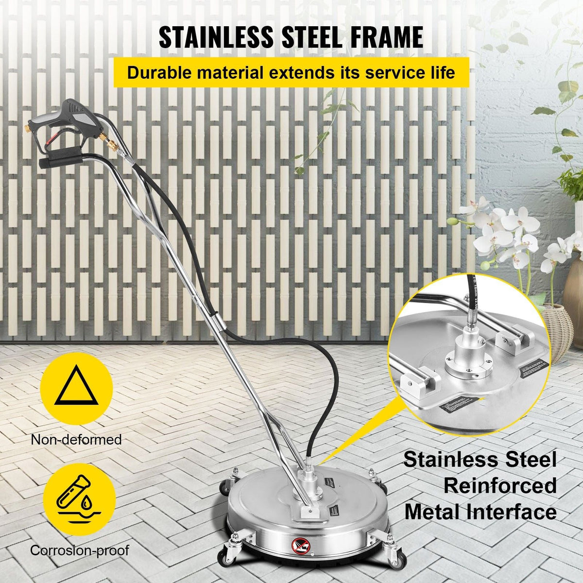 Pressure Washer Surface Cleaner, 23\'\', Max. 4000 PSI Pressure by 3 Nozzles for Cleaning Driveways, Sidewalks, Stainless Steel Frame with Rotating Handle, Wheels, Fit for 3/8\'\' Quick Connecto