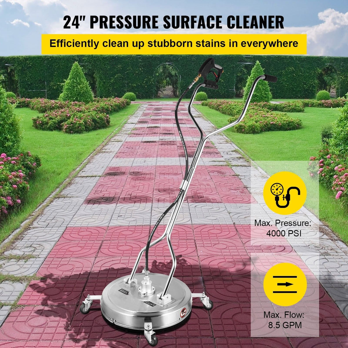 Pressure Washer Surface Cleaner, 23\'\', Max. 4000 PSI Pressure by 3 Nozzles for Cleaning Driveways, Sidewalks, Stainless Steel Frame with Rotating Handle, Wheels, Fit for 3/8\'\' Quick Connecto