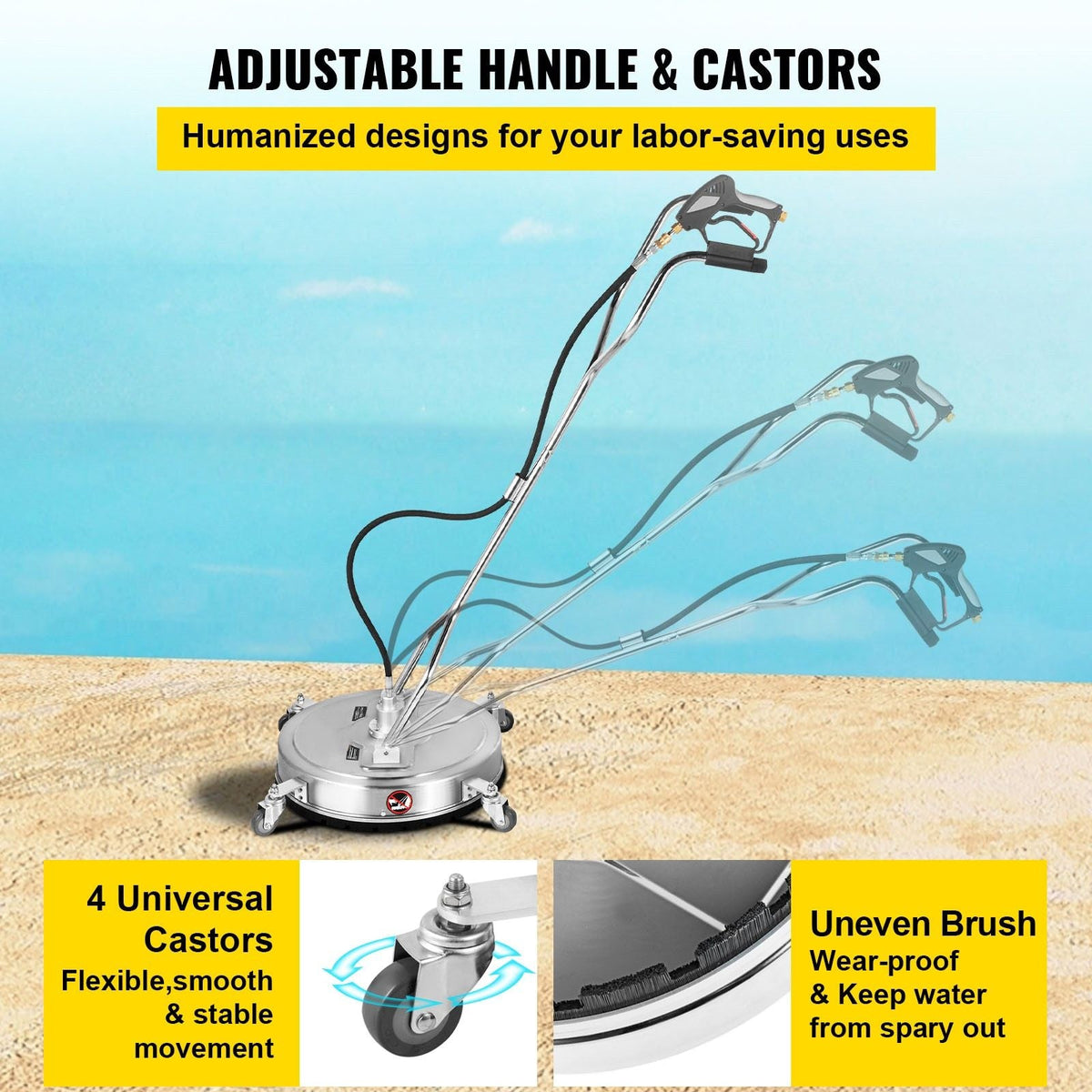 Pressure Washer Surface Cleaner, 23\'\', Max. 4000 PSI Pressure by 3 Nozzles for Cleaning Driveways, Sidewalks, Stainless Steel Frame with Rotating Handle, Wheels, Fit for 3/8\'\' Quick Connecto