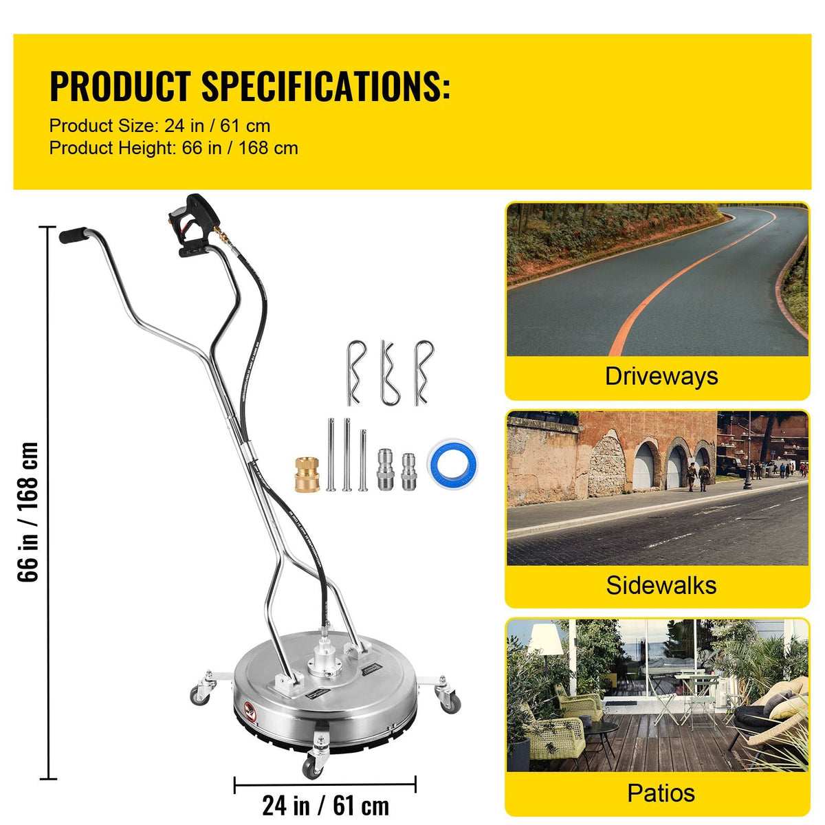 Pressure Washer Surface Cleaner, 24\'\', Max. 4000 PSI Pressure by 2 Nozzles for Cleaning Driveways, Sidewalks, Stainless Steel Frame with Rotating Dual Handle, Wheels, Fit for 3/8\'\' Quick Con