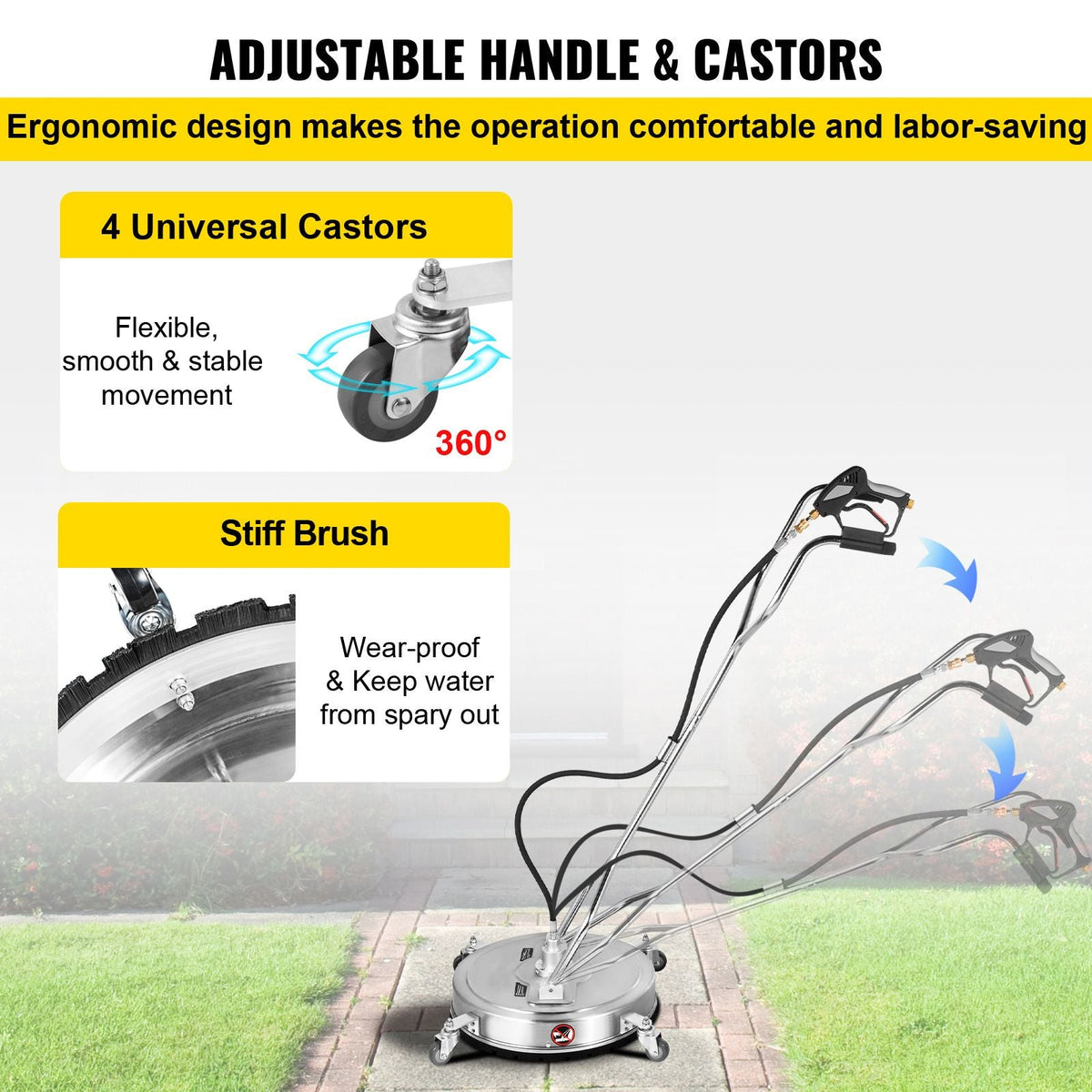 Pressure Washer Surface Cleaner, 24\'\', Max. 4000 PSI Pressure by 2 Nozzles for Cleaning Driveways, Sidewalks, Stainless Steel Frame with Rotating Dual Handle, Wheels, Fit for 3/8\'\' Quick Con