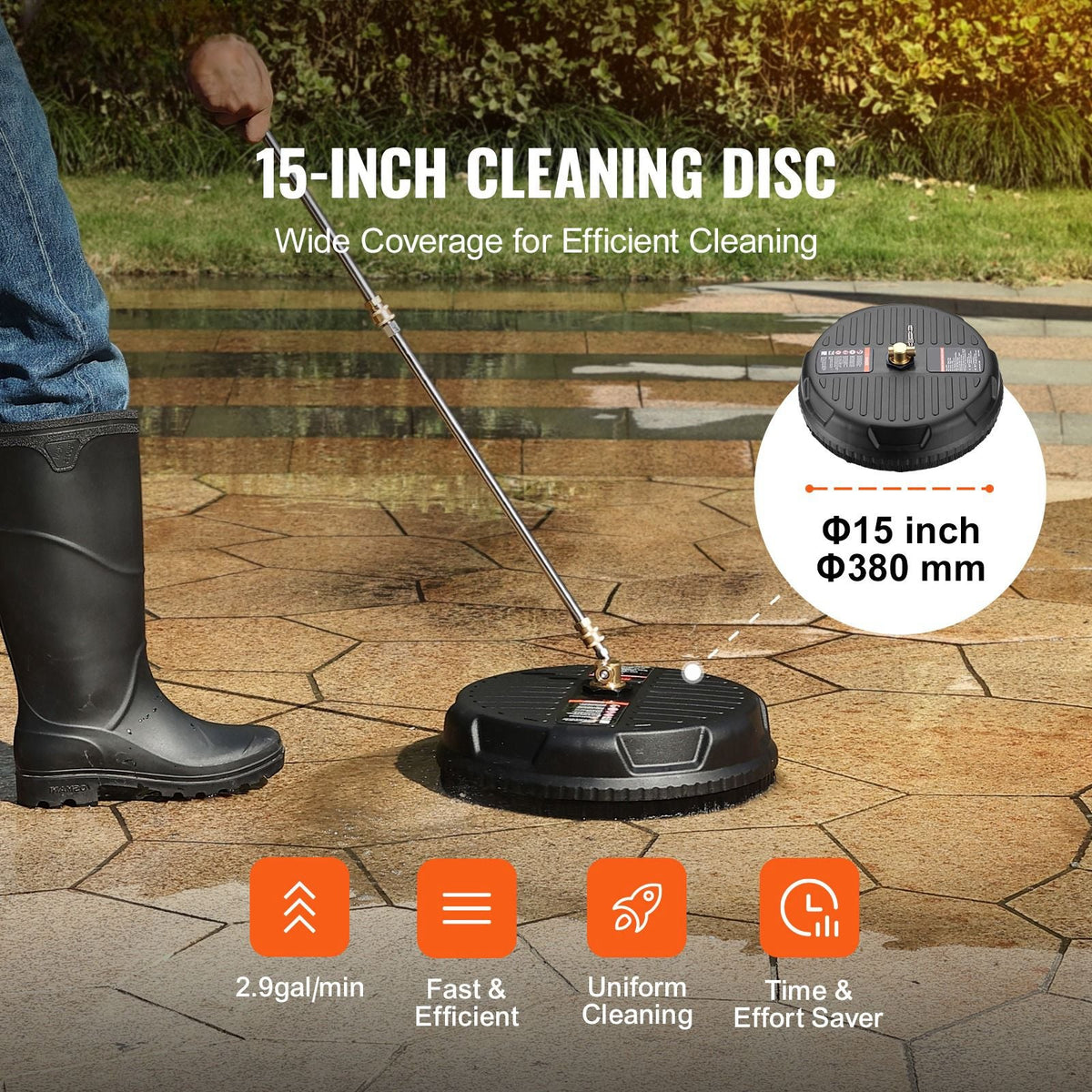 Pressure Washer Surface Cleaner Universal 15", Pressure Washer Attachment 4000 Max PSI with 2 Extension Wand, 1/4" Quick-Connect Connector Power Concrete Cleaner, For Floor Driveway, Patio