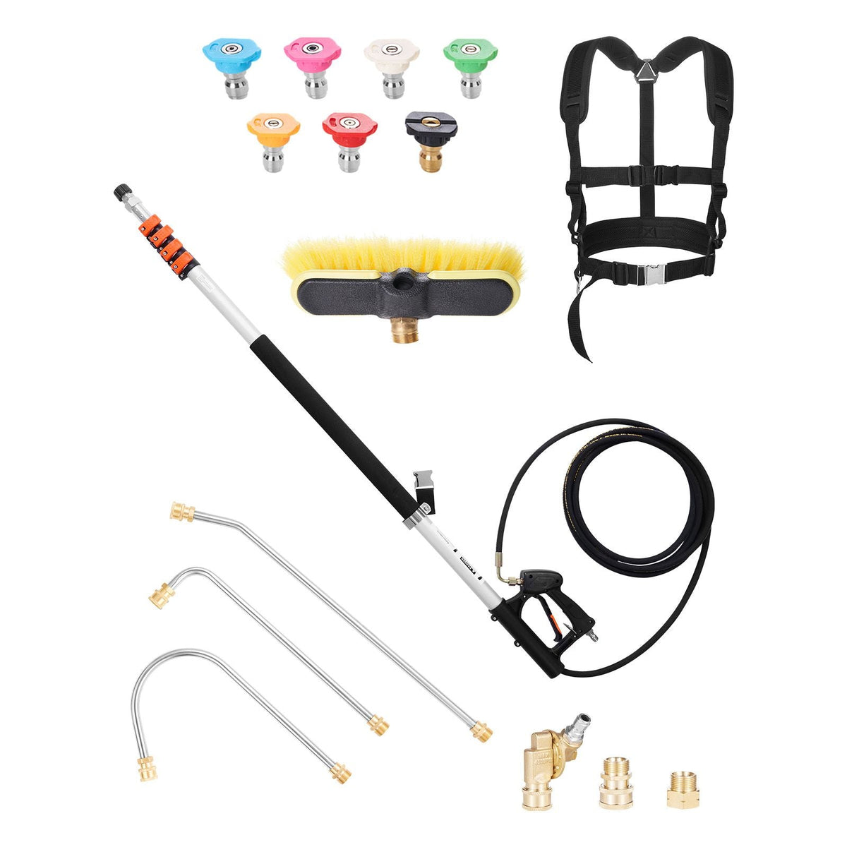 Pressure Washer Telescoping Wand, 24 ft, 4000 psi, Telescopic Spray Wand with Power Washer Extension Wands, Gutter Cleaner, Brush Head, Pivoting Coupler, 7 Spray Nozzles and Support Harness