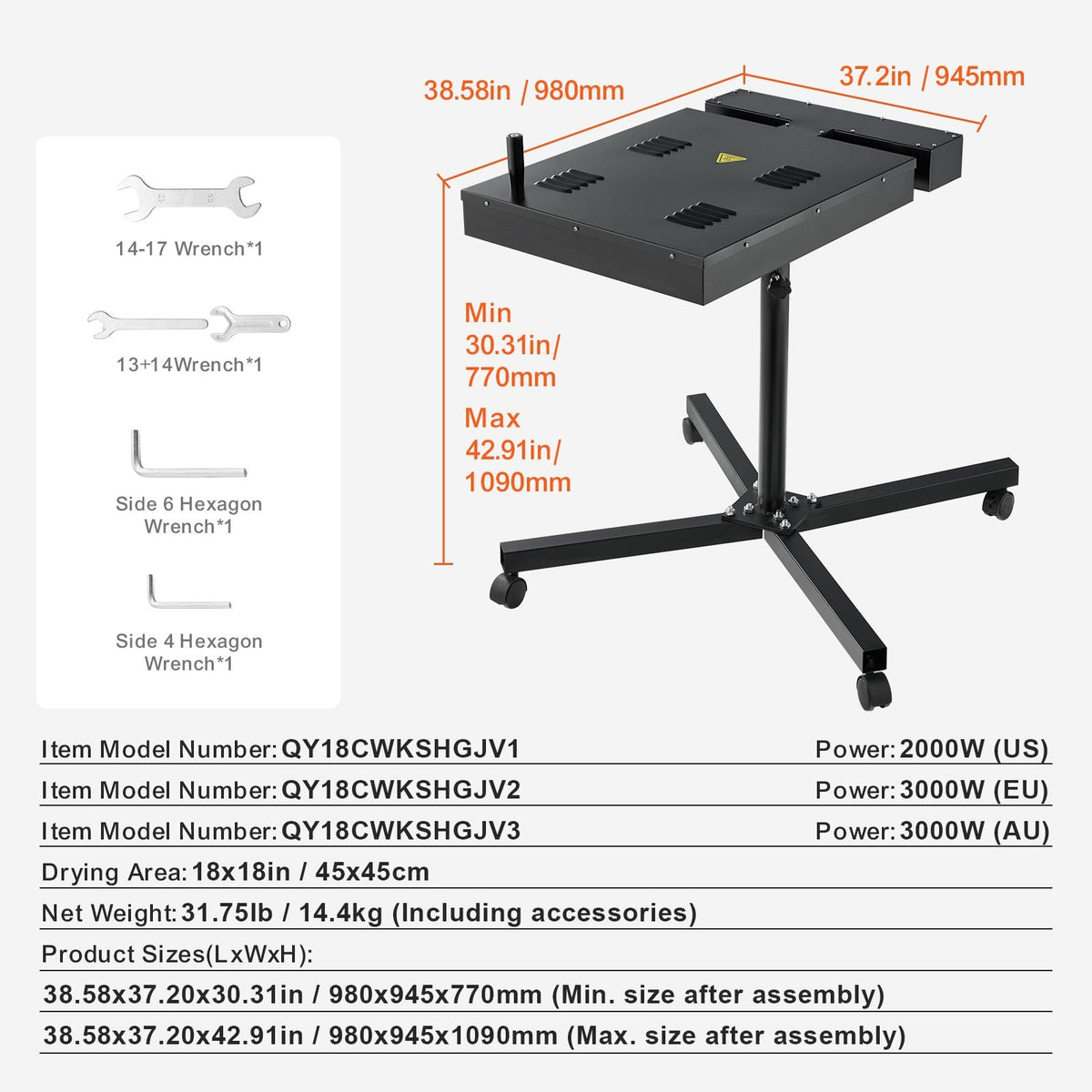 Pro Flash Dryer 18x18 inch, Upgrade 2000W Flash Dryer for Screen Printing Machine, 0-750 Fahrenheit Temperature Control, with Height Adjustable Stand, 360° Rotation, T-Shirt Curing Machine