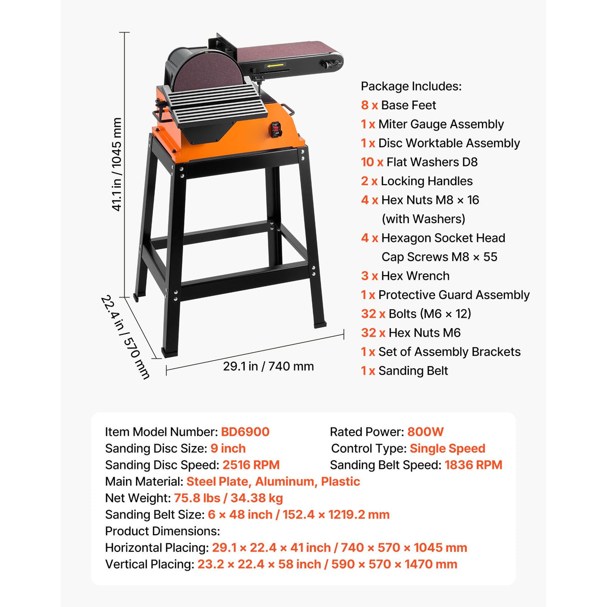 Professional Belt Sander with Stand, 9" Disc & 6" x 48" Belt Sander Combo, 800W Sanding Machine with 0 - 45° Adjustable Worktable for Woodworking, Furniture Refinishing, Knife Sharpening
