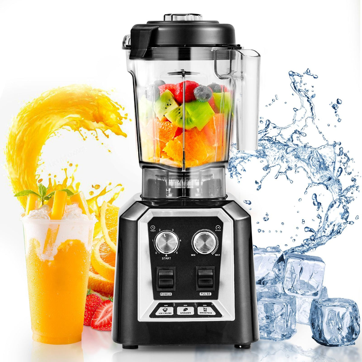 Professional Blender, Commercial Countertop Blenders, 68 oz Plastic Jar Blender Combo, Stainless Steel 3 Functions Blender, for Frozen Drinks, Shakes, Smoothies, Peree, and Crush Ice, Black