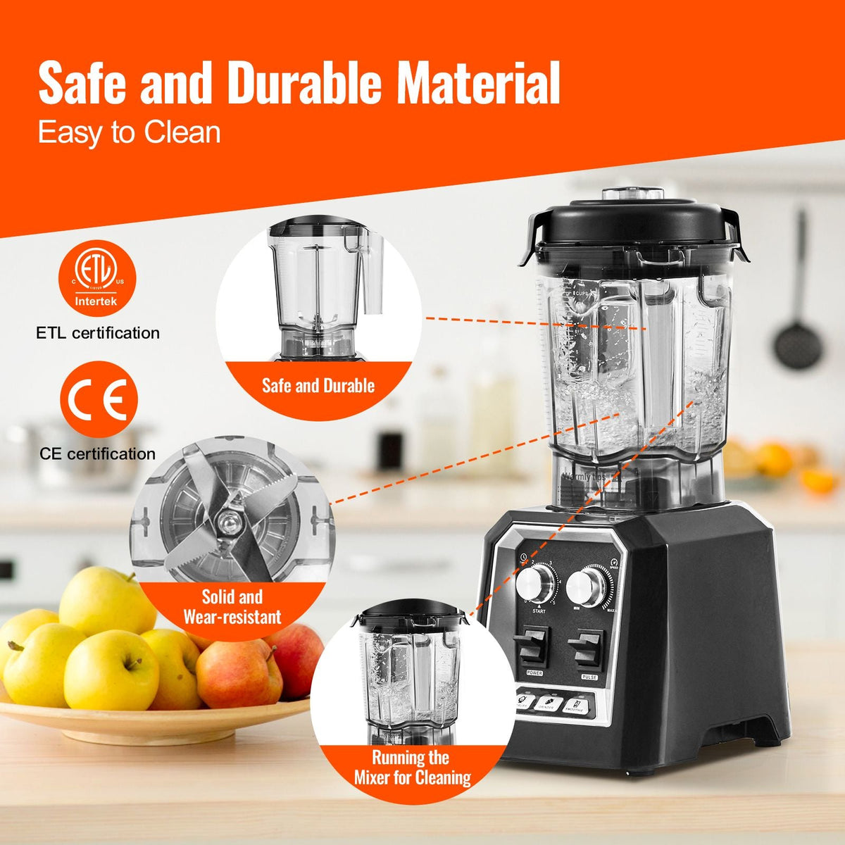 Professional Blender, Commercial Countertop Blenders, 68 oz Plastic Jar Blender Combo, Stainless Steel 3 Functions Blender, for Frozen Drinks, Shakes, Smoothies, Peree, and Crush Ice, Black