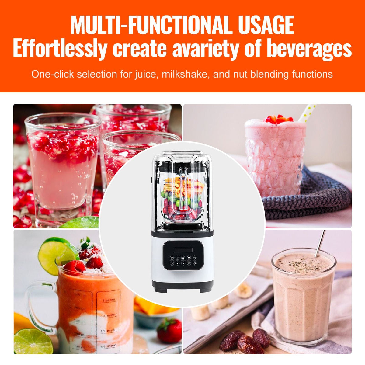 Professional Blender with Shield, Commercial Countertop Blenders, 68 oz Plastic Jar Blender Combo, Stainless Steel 9 Speed & 5 Functions Blender, for Shakes, Smoothies, Peree, White
