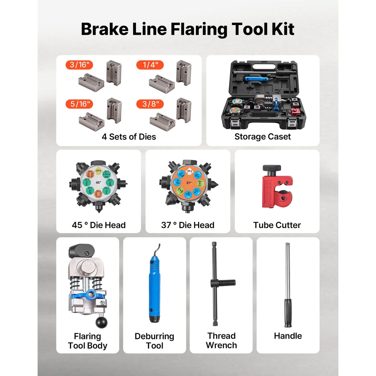 Professional Brake Line Flaring Tool, 45 & 37 Degree Double Flare Bubble Flare Tool Kit for 3/16", 1/4", 5/16", 3/8" Copper Aluminum Thin Steel Tubes