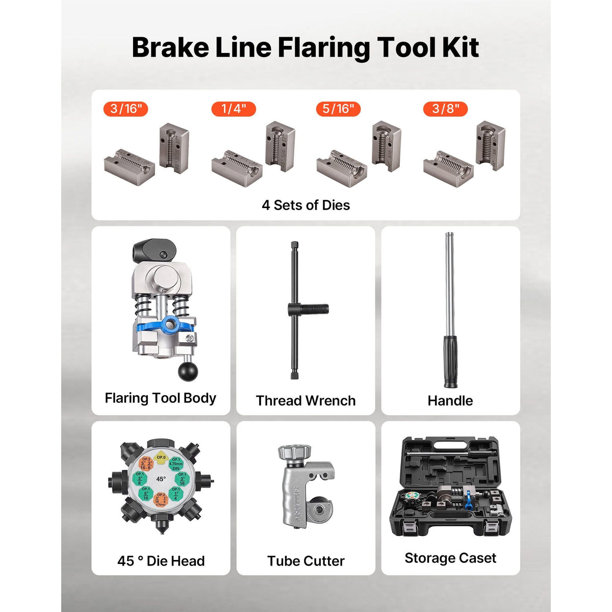 Professional Brake Line Flaring Tool, 45 Degree Double Flare Bubble Flare Tool Kit for 3/16", 1/4", 5/16", 3/8" Copper Aluminum Thin Steel Tubes