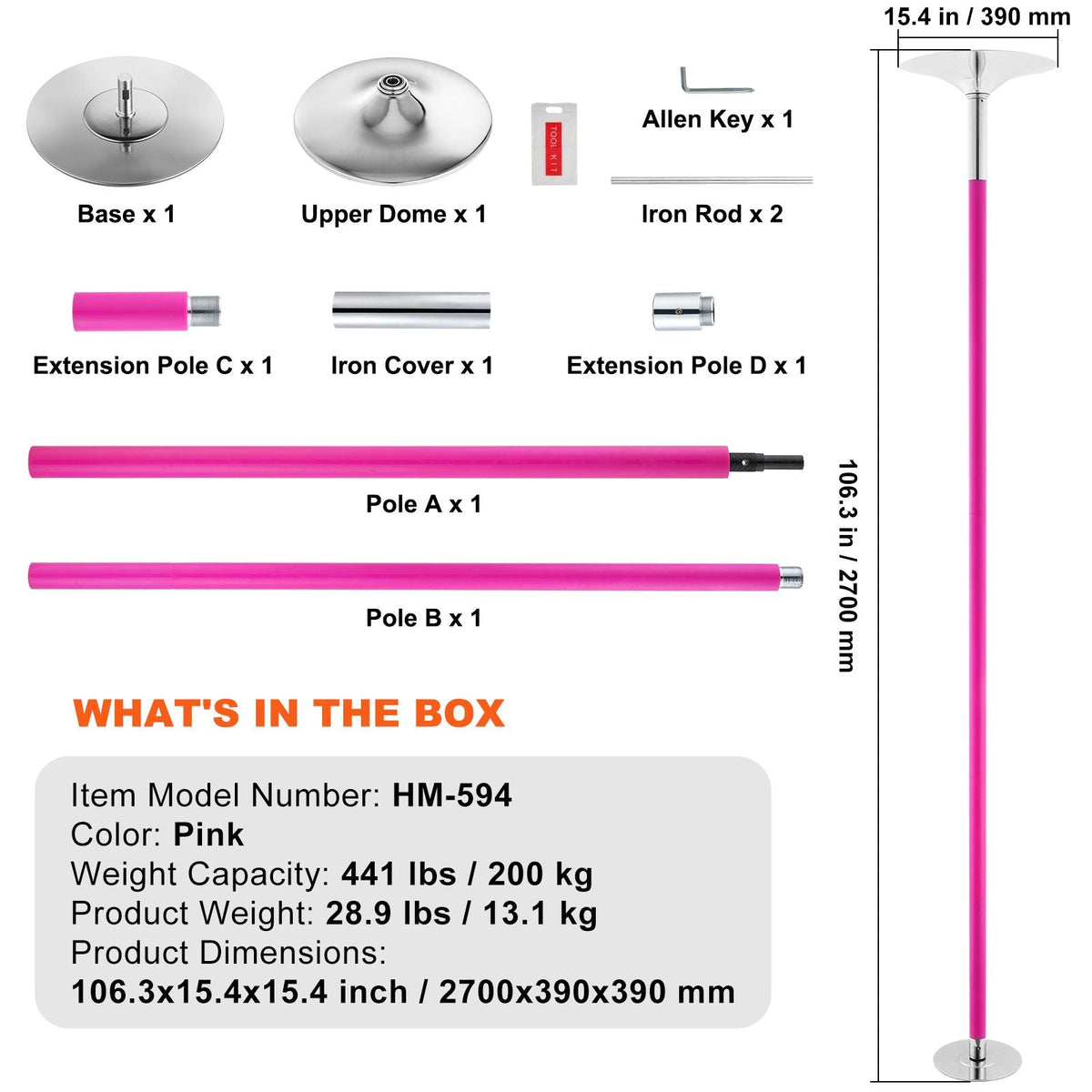 Professional Dancing Pole, Spinning Static Dancing Pole Kit, Portable Removable Pole, 40mm Heavy-Duty Stainless Steel Pole, Height Adjustable Fitness Pole, for Exercise Home Club Gym, Pink