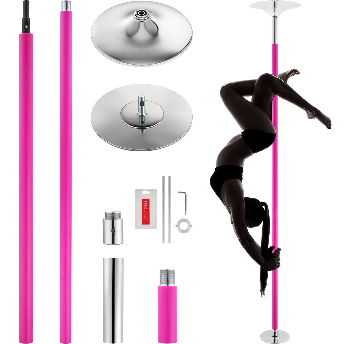 Professional Dancing Pole, Spinning Static Dancing Pole Kit, Portable Removable Pole, 40mm Heavy-Duty Stainless Steel Pole, Height Adjustable Fitness Pole, for Exercise Home Club Gym, Pink