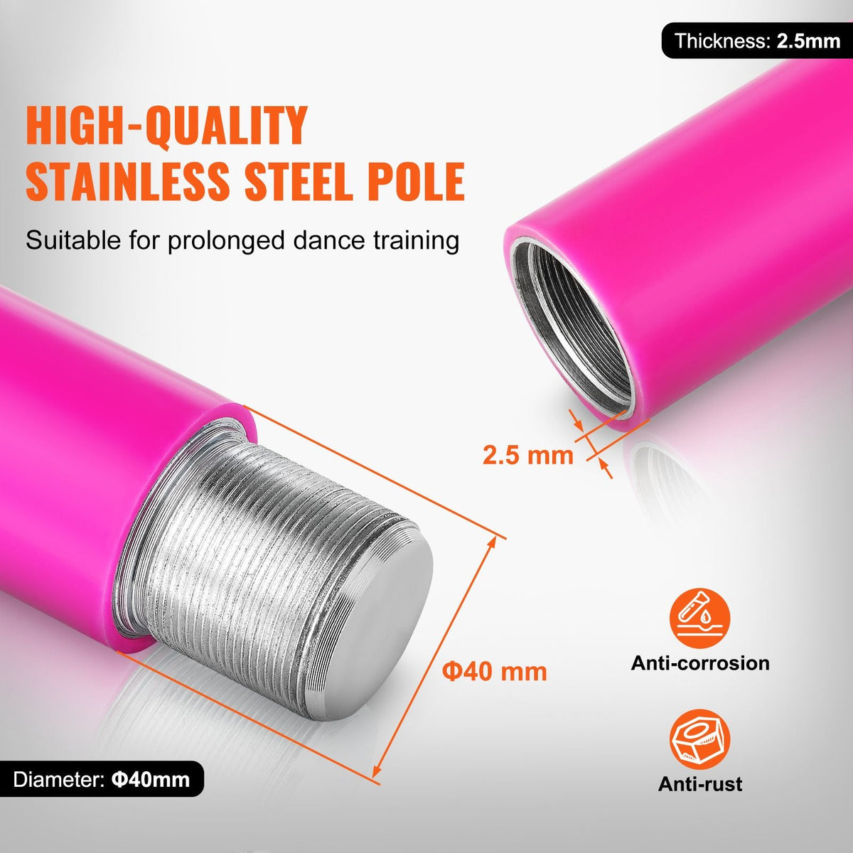 Professional Dancing Pole, Spinning Static Dancing Pole Kit, Portable Removable Pole, 40mm Heavy-Duty Stainless Steel Pole, Height Adjustable Fitness Pole, for Exercise Home Club Gym, Pink